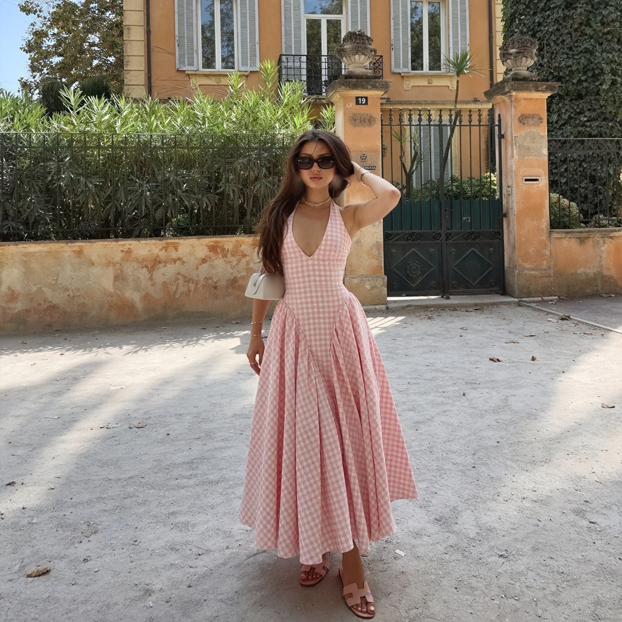 Abito Donna Gingham Rosa Bianco Scollo a V Gonna Plissé Stile Classico-83586-20403f6a-230a-4bc0-85ca-29941f02a043