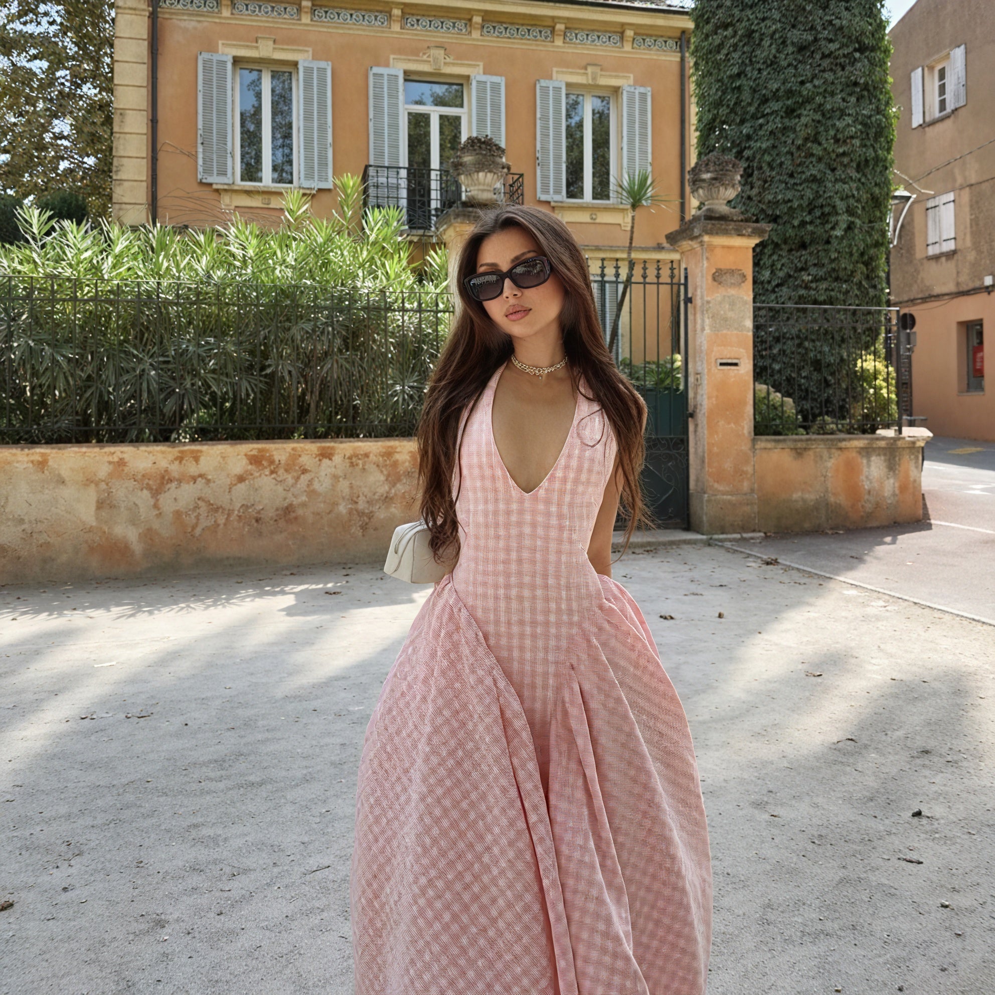 Abito Donna Gingham Rosa Bianco Scollo a V Gonna Plissé Stile Classico-83586-d55922ac-d7ee-49fd-9d57-41bb260f5f68