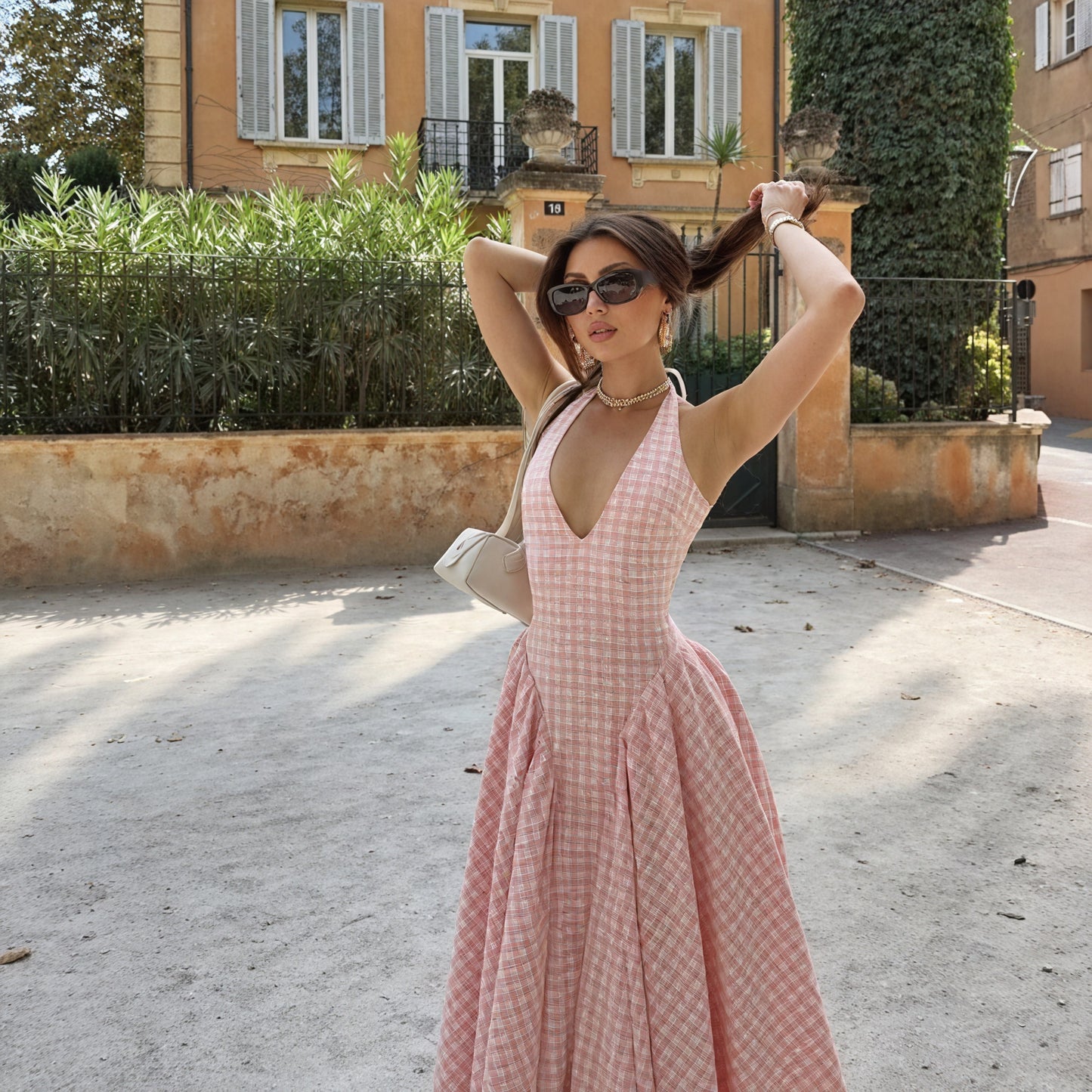 Abito Donna Gingham Rosa Bianco Scollo a V Gonna Plissé Stile Classico-83586-2168bd63-ccfb-4ac0-9fa1-05eb42024866