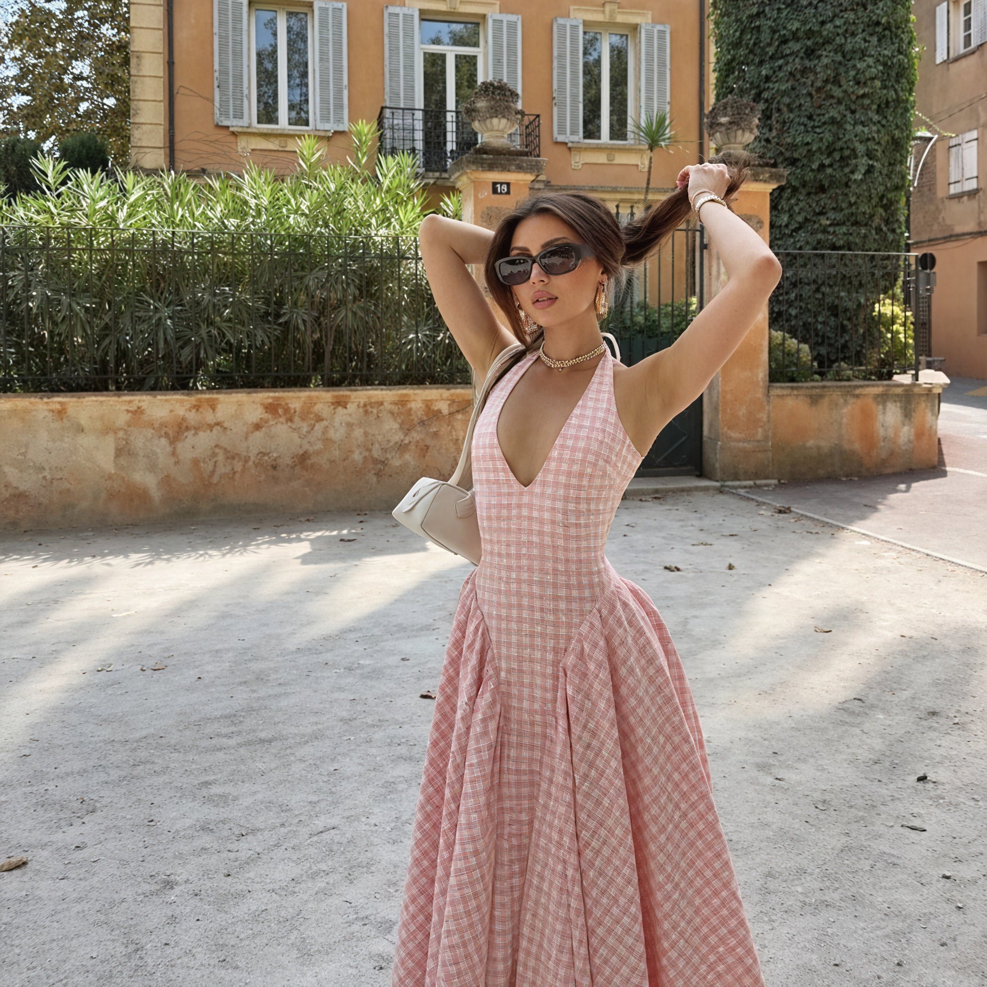 Abito Donna Gingham Rosa Bianco Scollo a V Gonna Plissé Stile Classico-83586-2168bd63-ccfb-4ac0-9fa1-05eb42024866