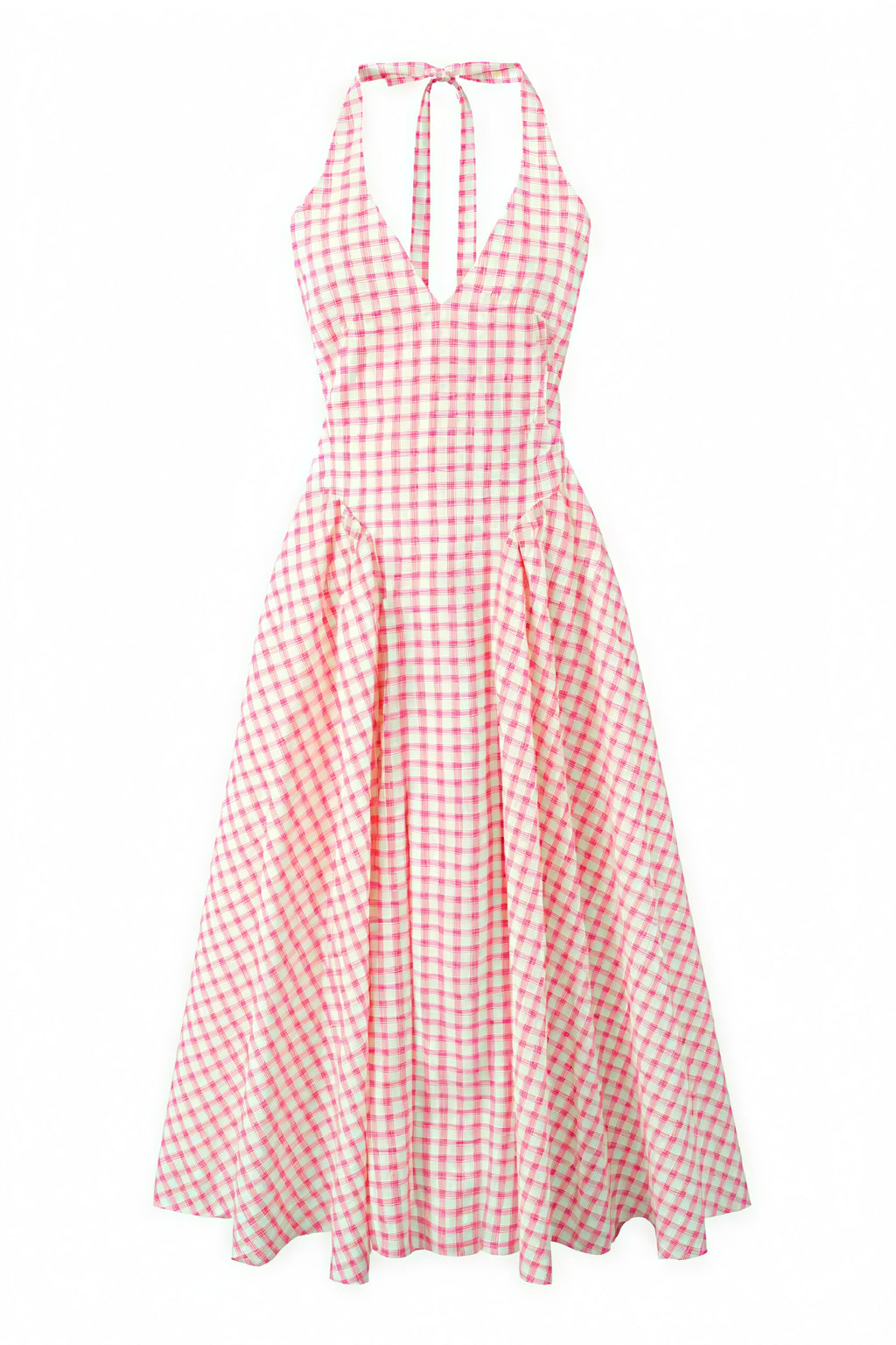 Abito Donna Gingham Rosa Bianco Scollo a V Gonna Plissé Stile Classico-83586-ad8c3dd0-79c9-4185-82c2-589b41987e80
