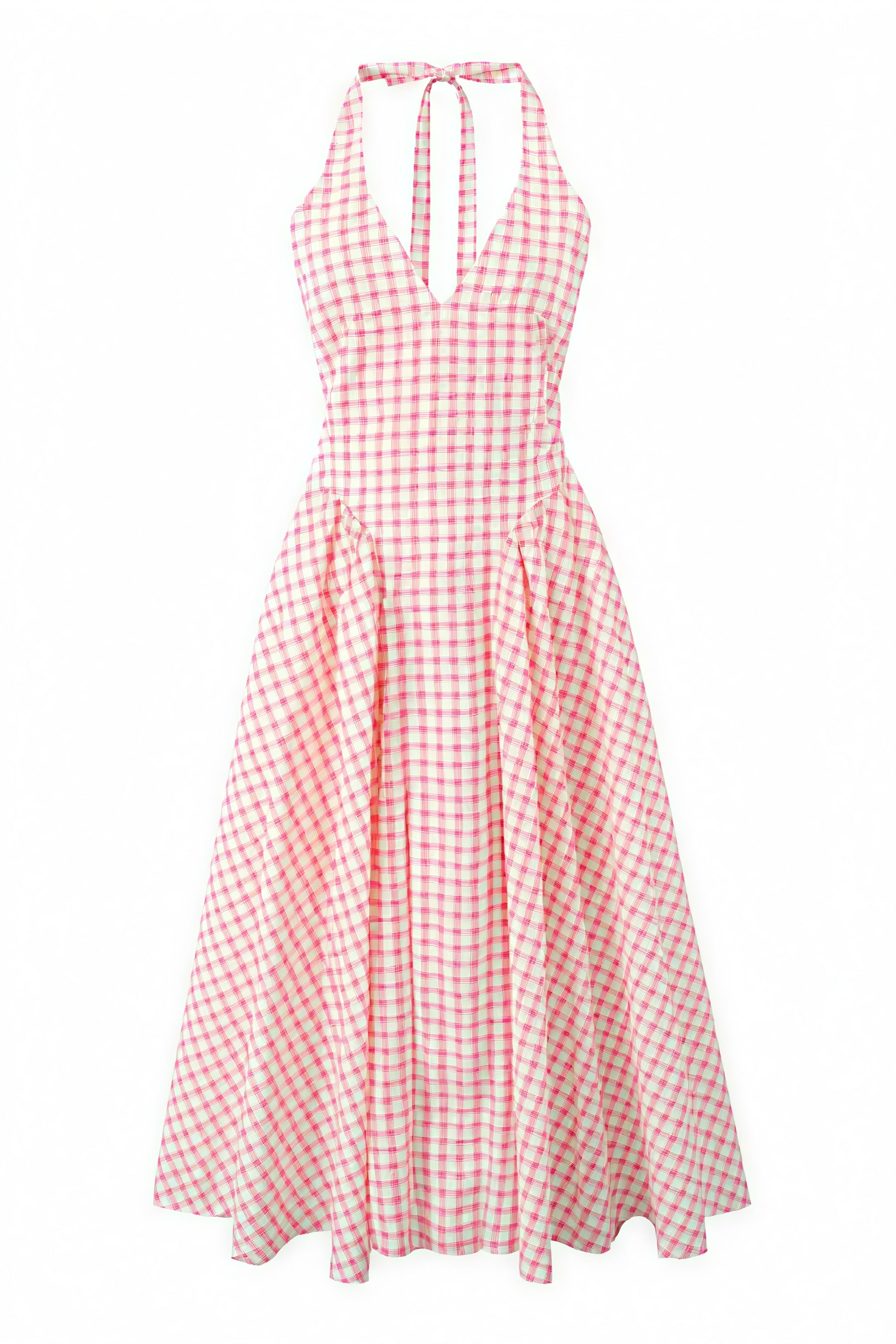 Abito Donna Gingham Rosa Bianco Scollo a V Gonna Plissé Stile Classico-83586-ad8c3dd0-79c9-4185-82c2-589b41987e80