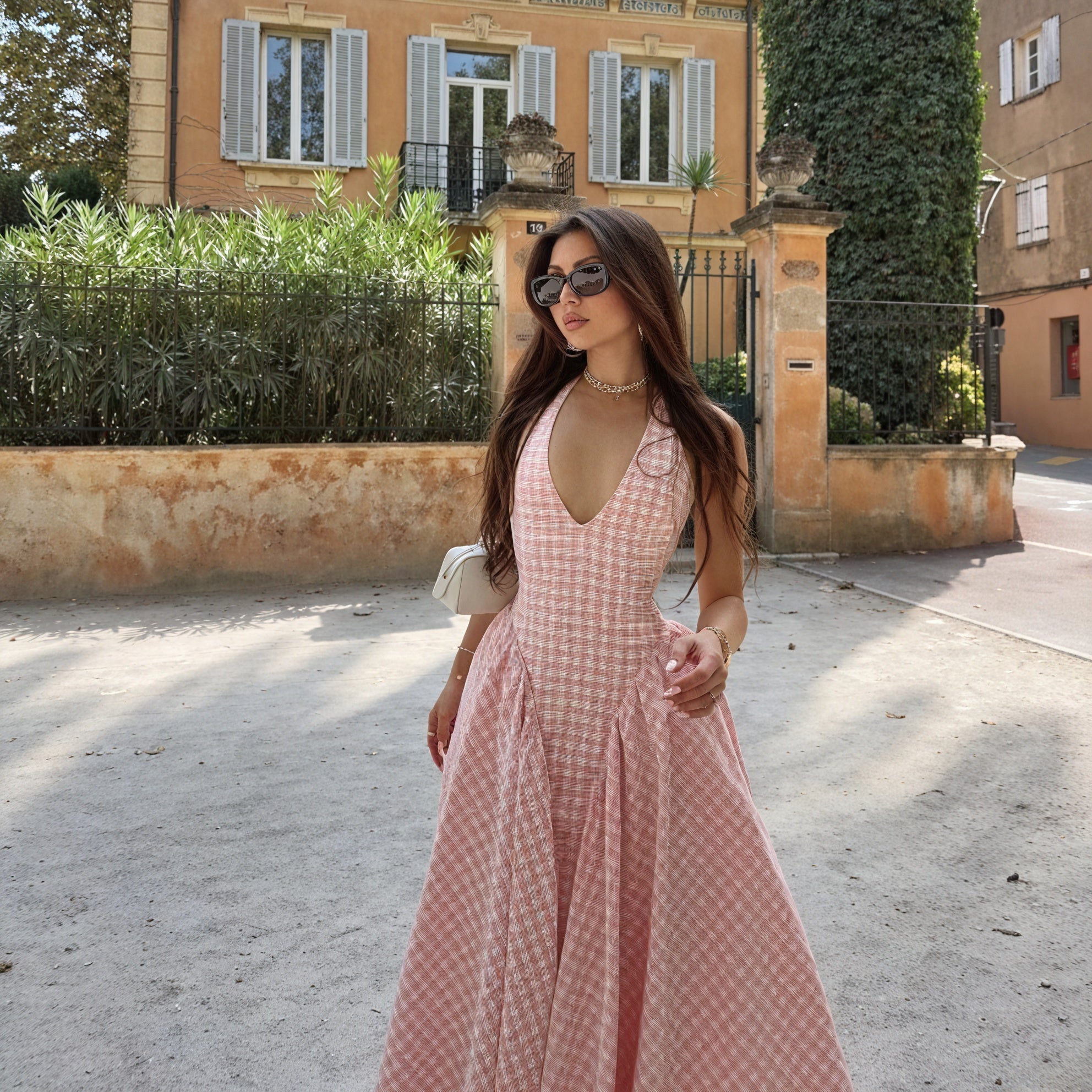 Abito Donna Gingham Rosa Bianco Scollo a V Gonna Plissé Stile Classico-83586-14ee1f0a-e257-4f17-95a0-88813271f76c