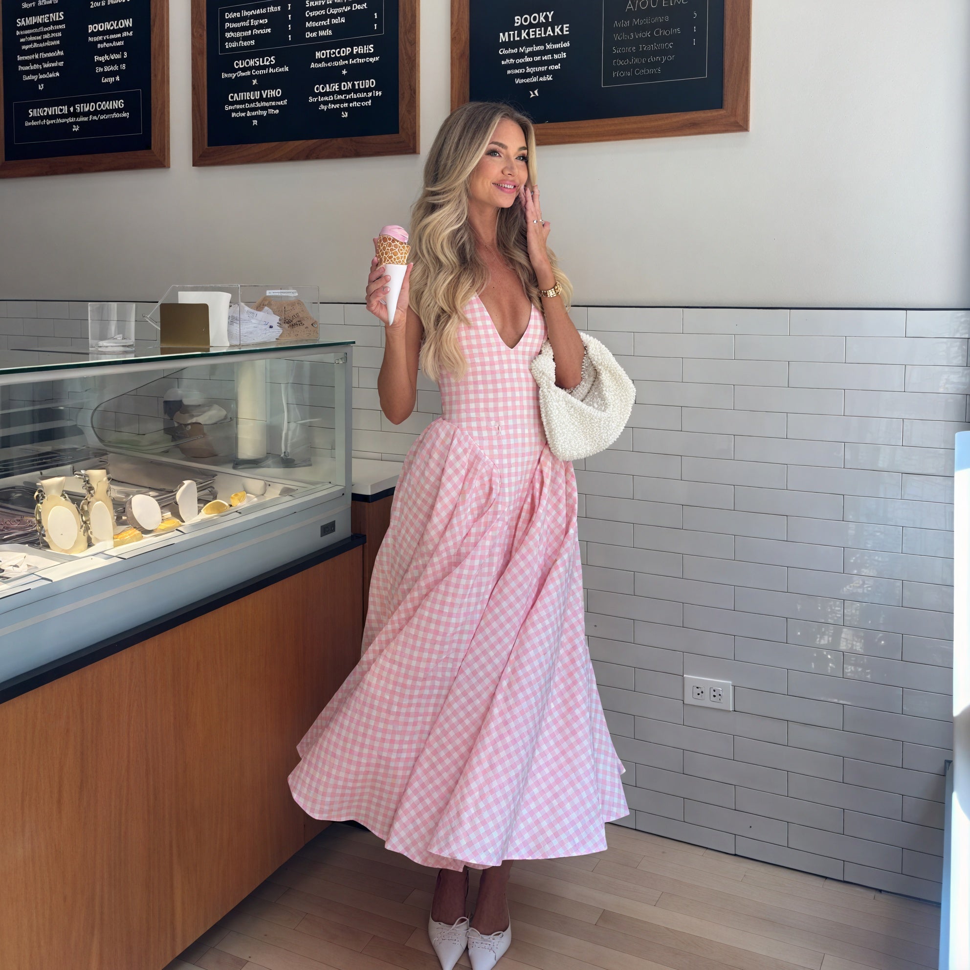 Abito Donna Gingham Rosa Bianco Scollo a V Gonna Plissé Stile Classico-83586-323438b6-2cee-4b0f-9d9f-8737f9b67f35