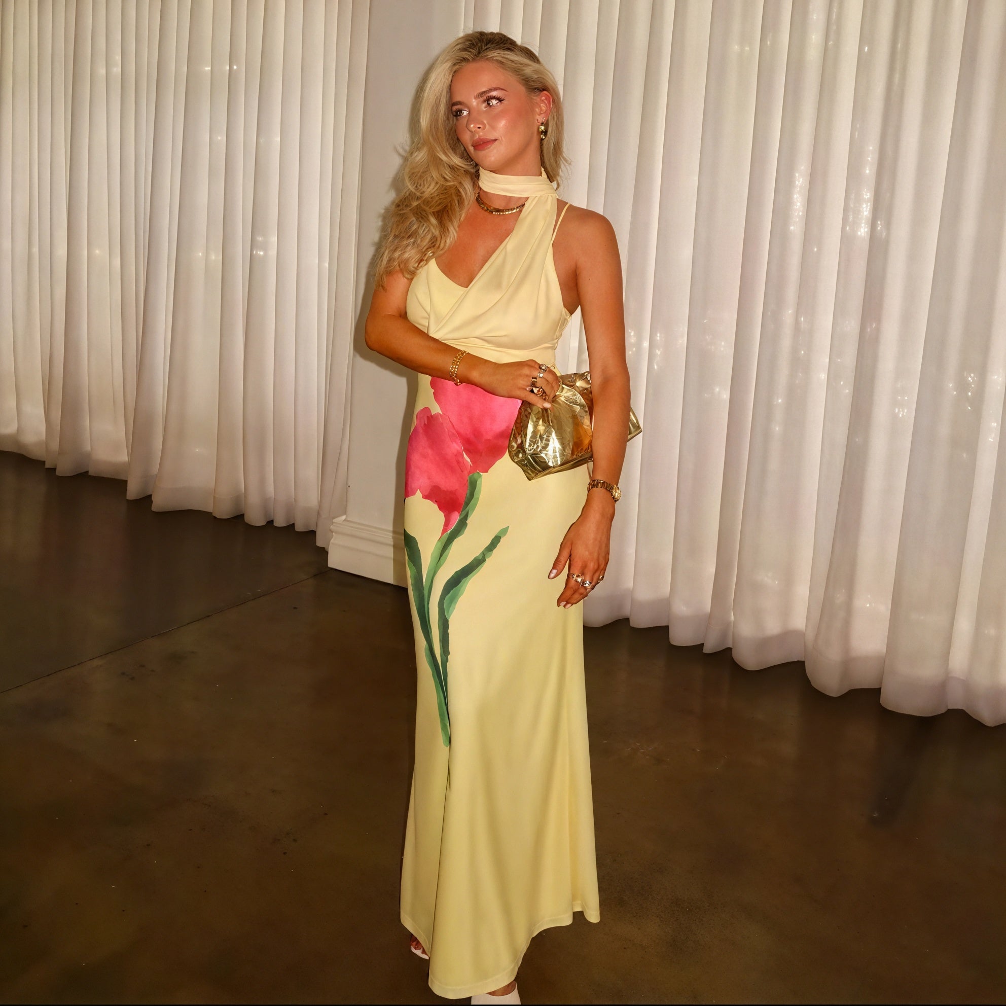 Abito Maxi Donna Giallo Floreale Scollo All'Americana-83591-6701cd67-b004-4fcb-b030-872bbb64b395