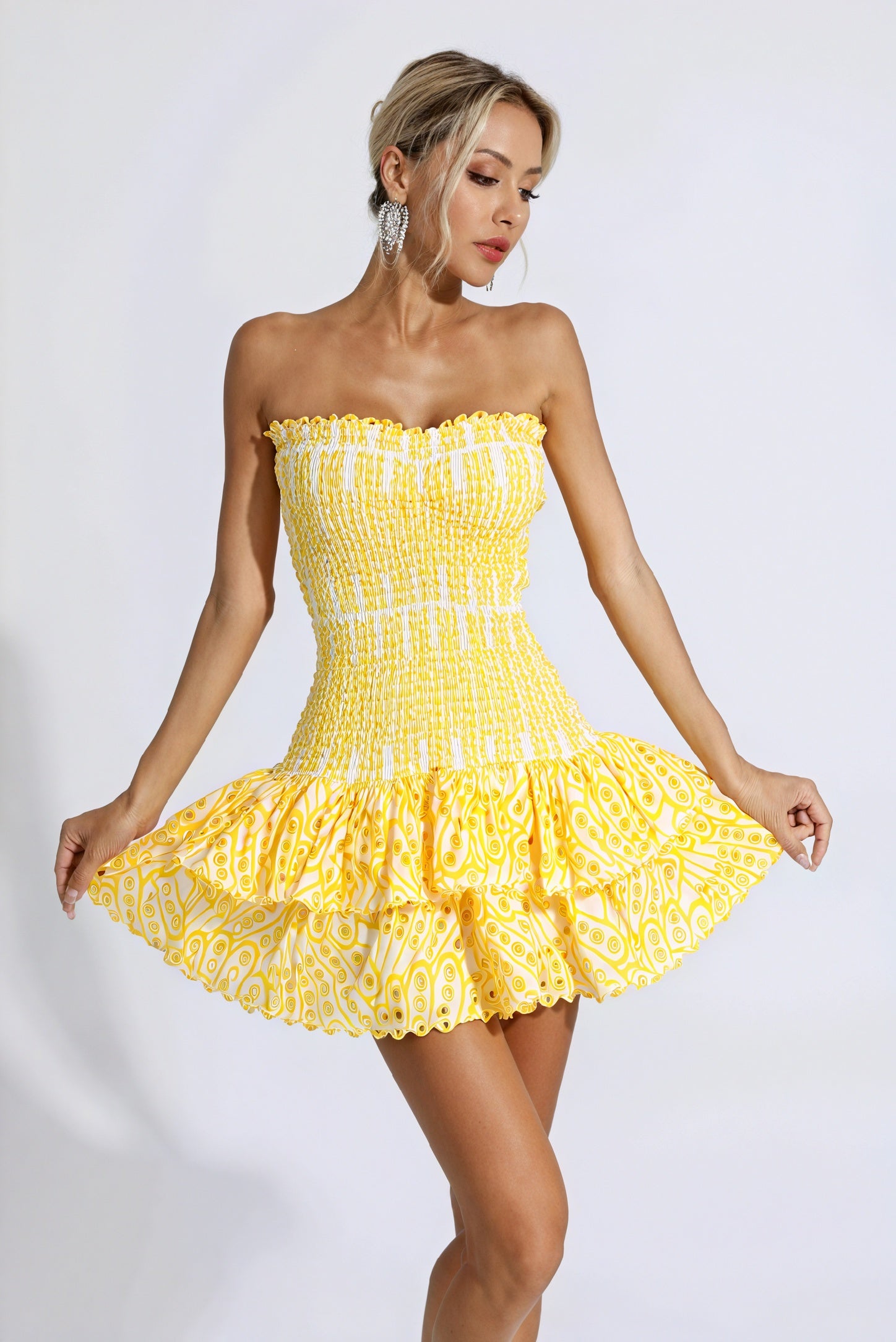 Abito Mini Donna – Giallo Bianco Fantasia Fascia Balze Smock-83597-8ee10531-3403-4339-aefe-a918a41a09b3