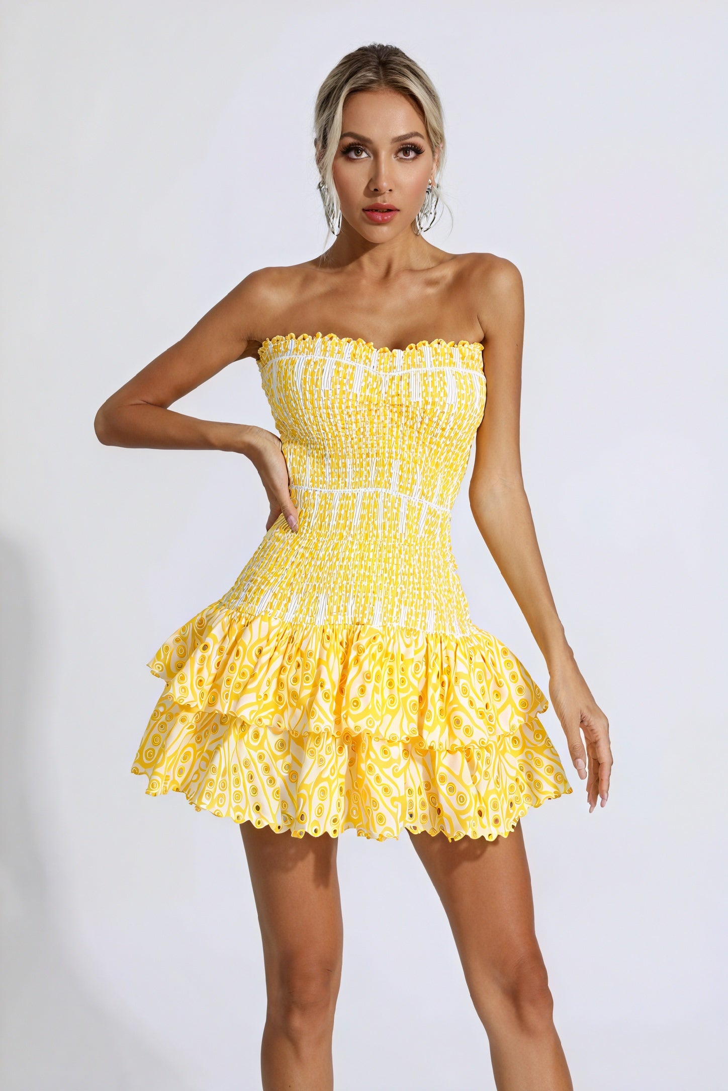 Abito Mini Donna – Giallo Bianco Fantasia Fascia Balze Smock-83597-ed252179-6693-4aff-aaeb-bc86831e4be4