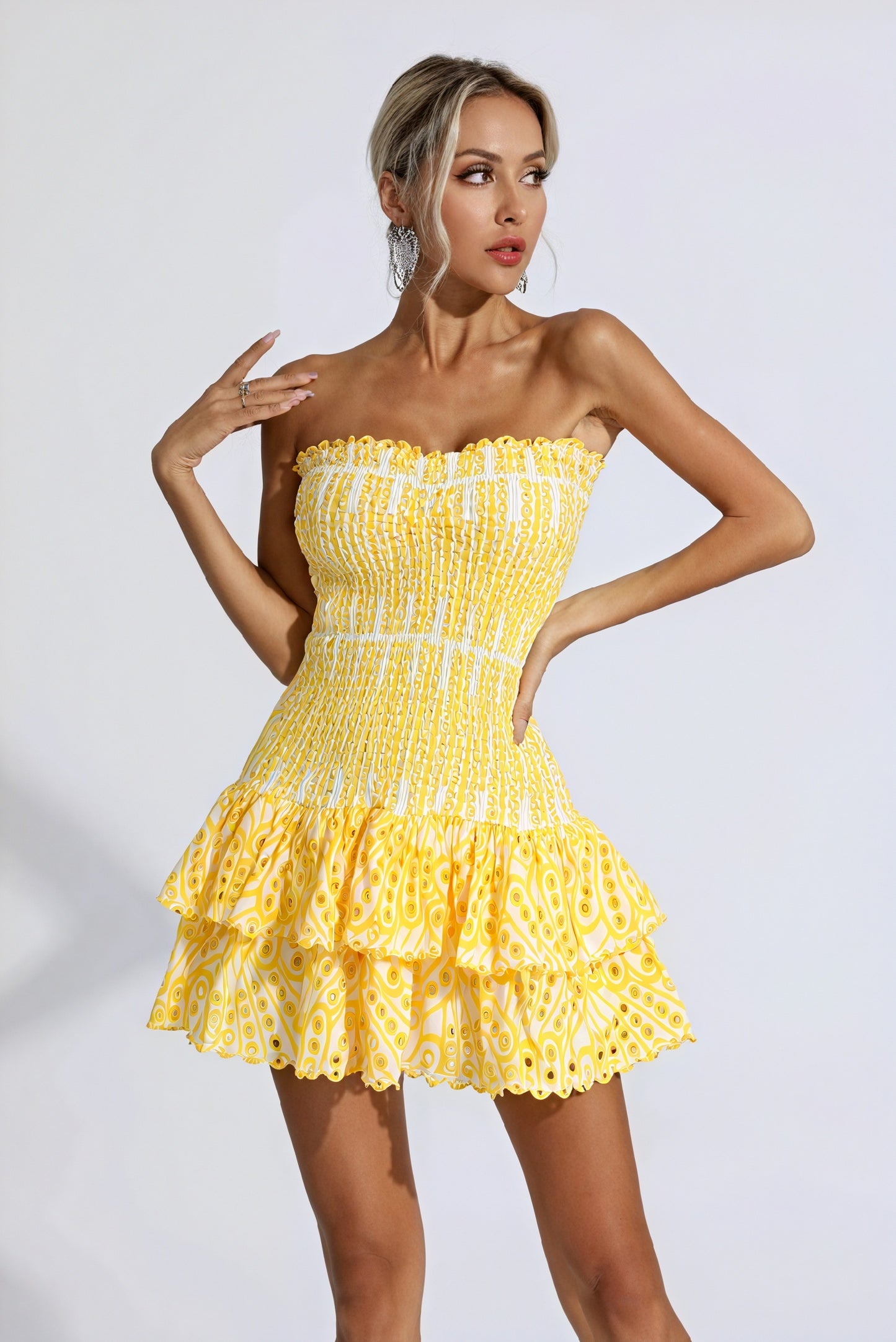 Abito Mini Donna – Giallo Bianco Fantasia Fascia Balze Smock-83597-64679c6f-8fa6-4d07-af3b-edb4f9a3abdd