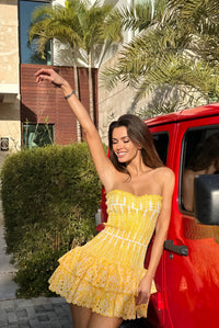 Abito Mini Fascia Giallo con Balze e Smock