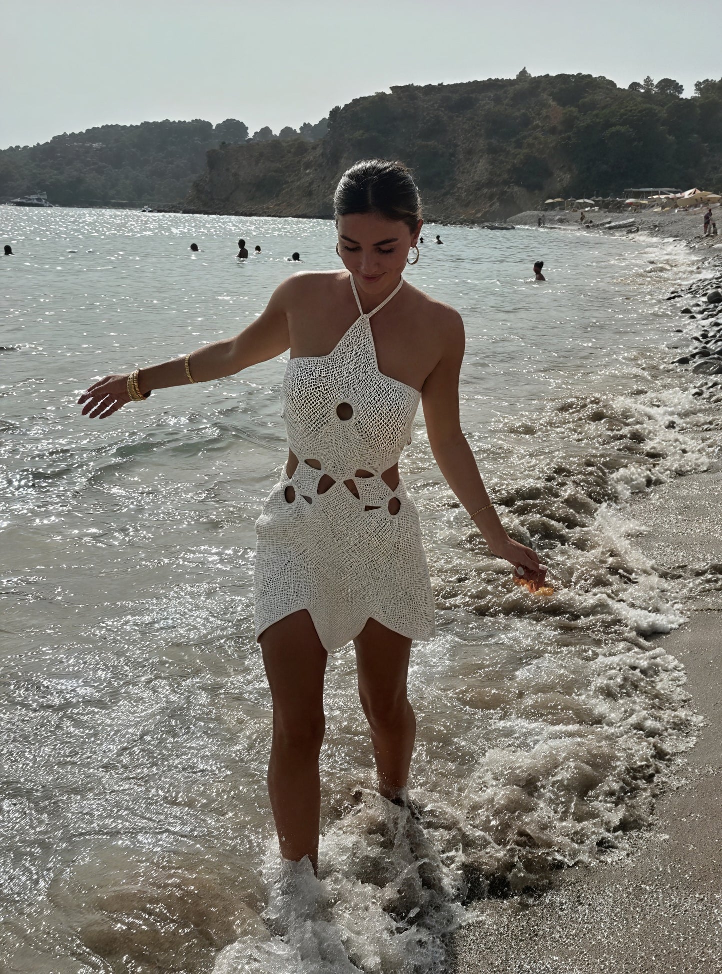 Donna Abito Crochet con Scollo all'Americana e Dettagli Cut-Out, Stile Estivo Elegante-83655-fbf2c27a-5142-46c1-91ec-5deaf515bcff