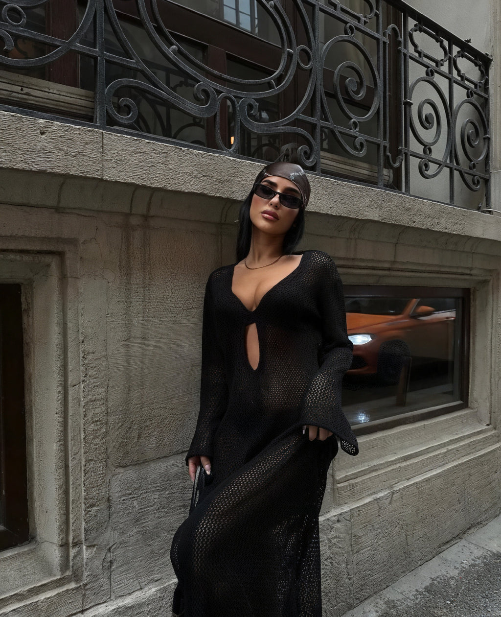 Abito Maxi Donna in Maglia Trasparente con Cutout a Maniche Lunghe-83803-c699fdfa-01b8-463f-b312-9eb6ee7dc234