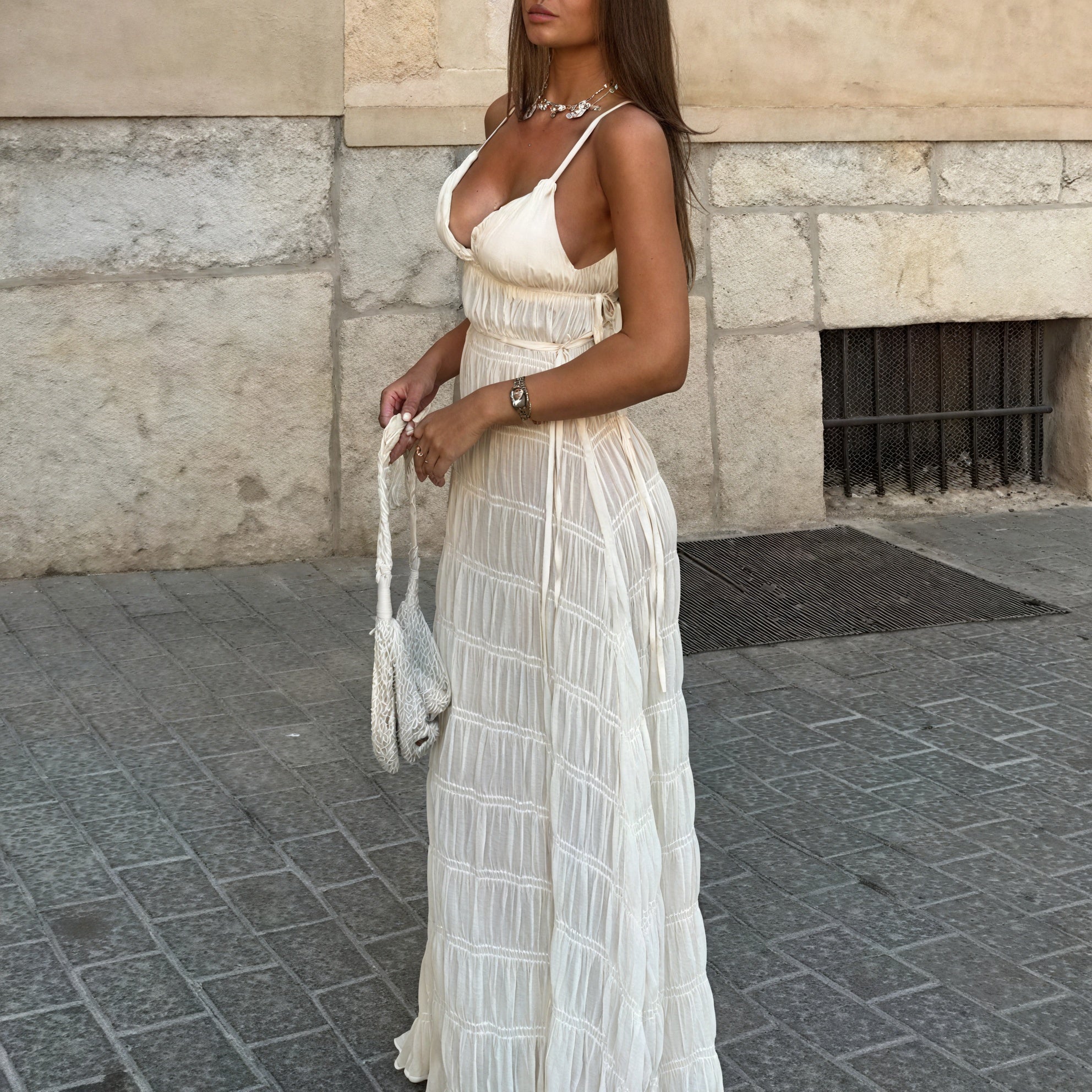 Abito Maxi Donna Plissé con Spalline Sottili Fluido-83811-64a12fdc-6ba1-437d-8064-e21543e86384