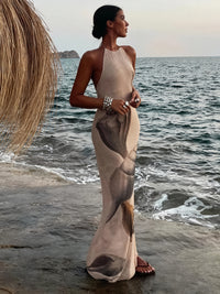 Abito Maxi Halter Stampa Unica Tessuto Testurizzato