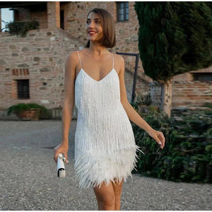 Miniabito Donna con Frange e Piume – Spalline Sottili, Stile Party-83329-9608c6cc-2876-4275-a91f-373dc08e468e
