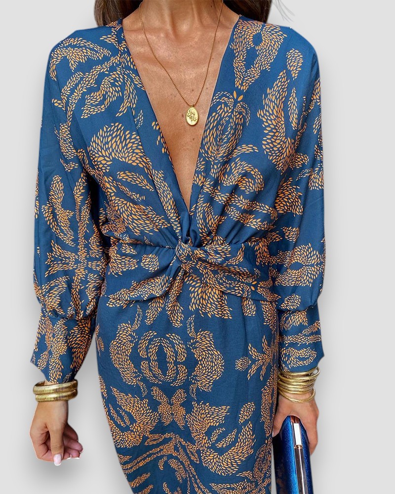 Abito Lungo da Donna Stampato Maniche Lunghe Scollo a V Nodo Vita-83293-9bbd0c1b-d296-49ad-8b72-dcf895a4ce8e