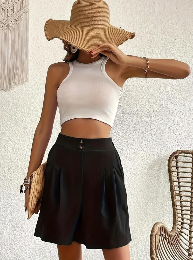 Donna Shorts Vita Alta Pieghe Frontali Tasche Funzionali-82558-9c0cd8b3-3636-4aee-a99b-f1c6378e35e3