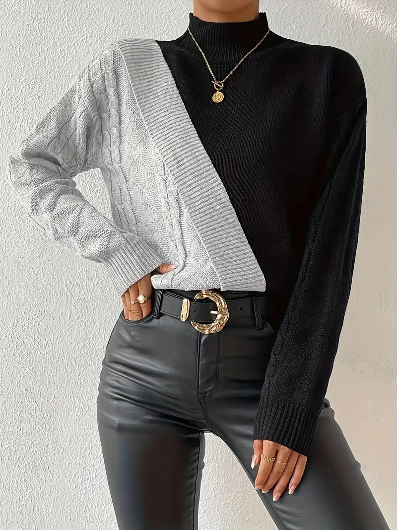 Maglione Dolcevita Donna – Design Color Block, Lavorazione a Treccia-54586-1de2af94-c89d-4057-9082-9007e22d5d9f