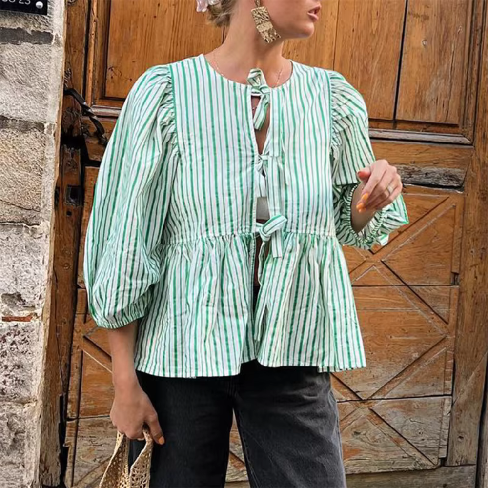 Camicia a Righe Verde con Nodo e Maniche a Sbuffo