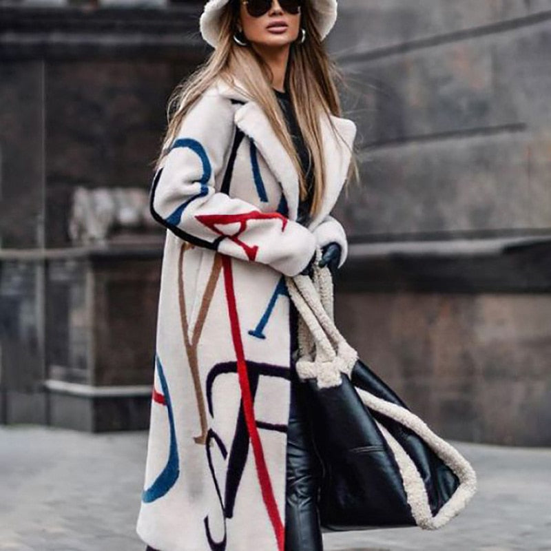 Cappotto Lungo Donna Crema Misto Lana con Scritte Audaci, Vestibilità Rilassata-55072-59499662049623