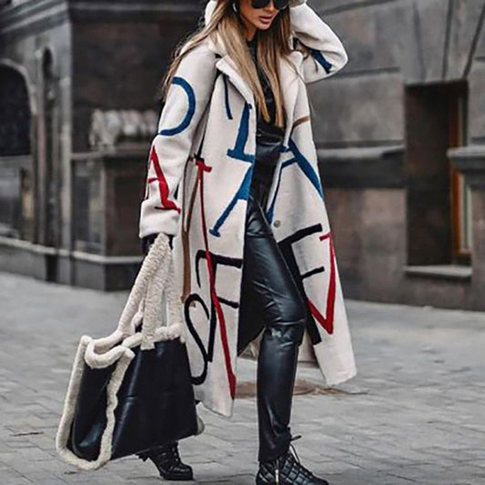 Cappotto Lungo Donna Crema Misto Lana con Scritte Audaci, Vestibilità Rilassata-55072-59499662016855