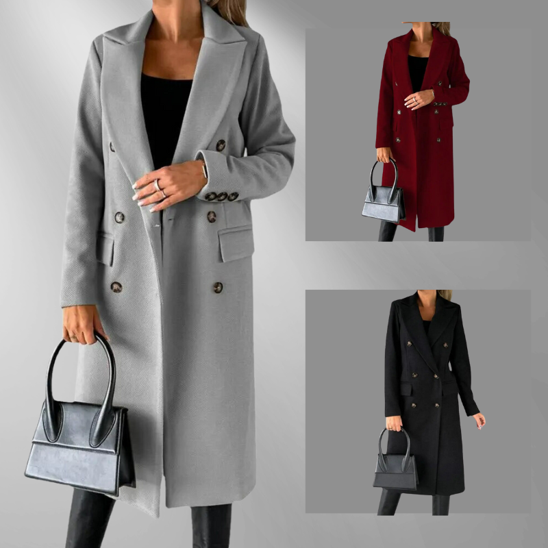 Donna Cappotto Doppiopetto Tailored – Lana Misto, Revers Strutturati, Grigio/Nero/Cammello-55035-59519544590679