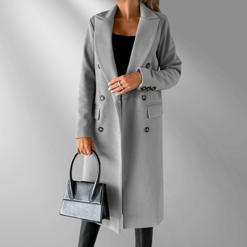 Donna Cappotto Doppiopetto Tailored – Lana Misto, Revers Strutturati, Grigio/Nero/Cammello-55035-59519544394071