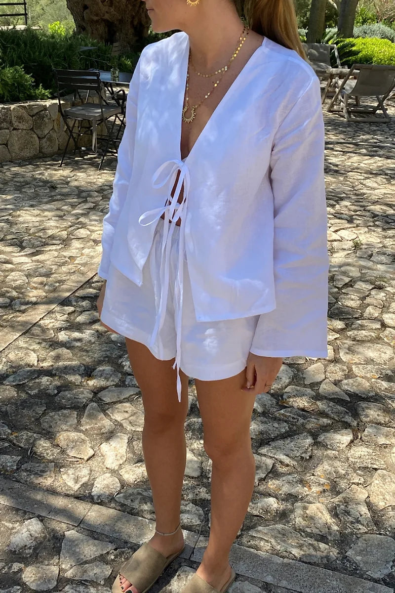 Completo Due Pezzi Donna Lino – Top Manica Lunga Annodato & Shorts Elastico-83296-a10f04bf-769e-4a13-b329-81119069d0ce