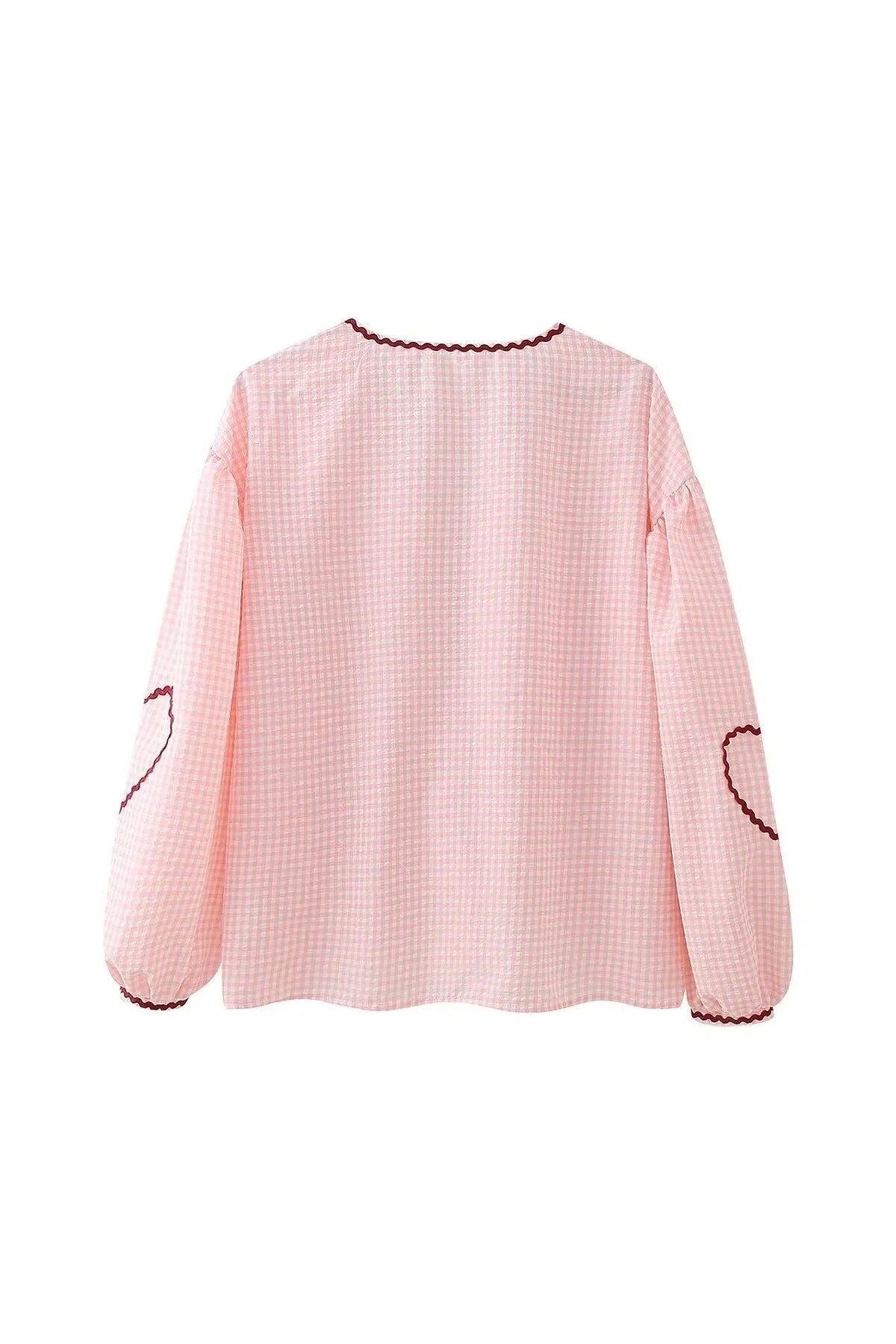 Blusa Donna Gingham con Tasche a Cuore, Chiusura a Nodo e Bordo Rosso-83307-a38bebf3-5b55-422e-9034-81a13e253715
