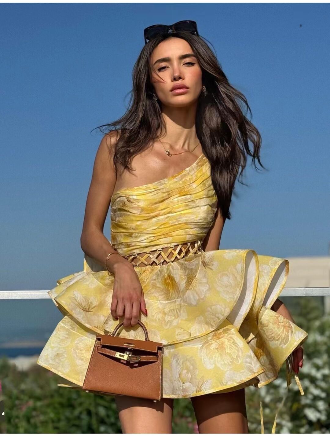 Abito Monospalla Donna – Stampa Floreale, Gonna Asimmetrica a Balze-83680-a57d4436-2264-4205-9645-ae1107f0ca76