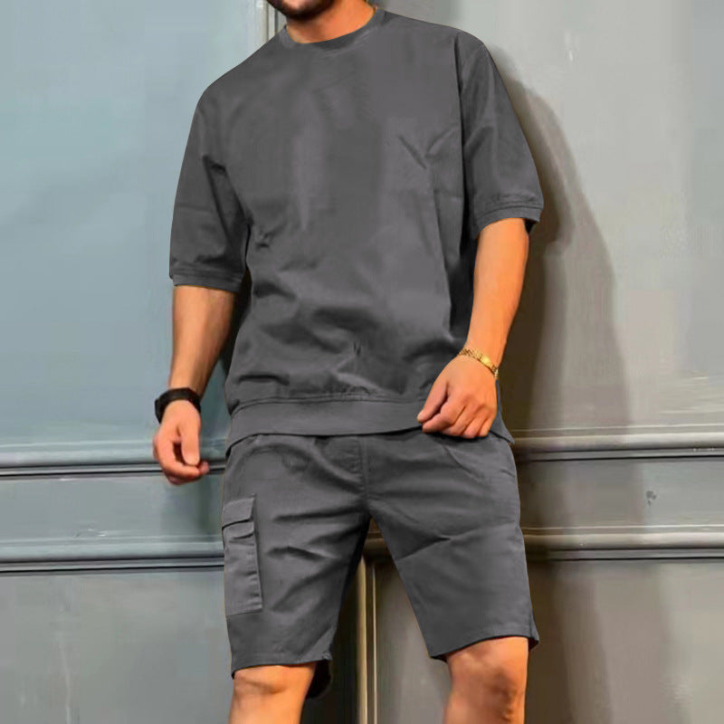 Men's Sports Suits Summer Round Neck Short-sleeved Top And Multi-pocket Shorts Casual Trendy 2pcs Set Clothing by http://Lolyshop.shop