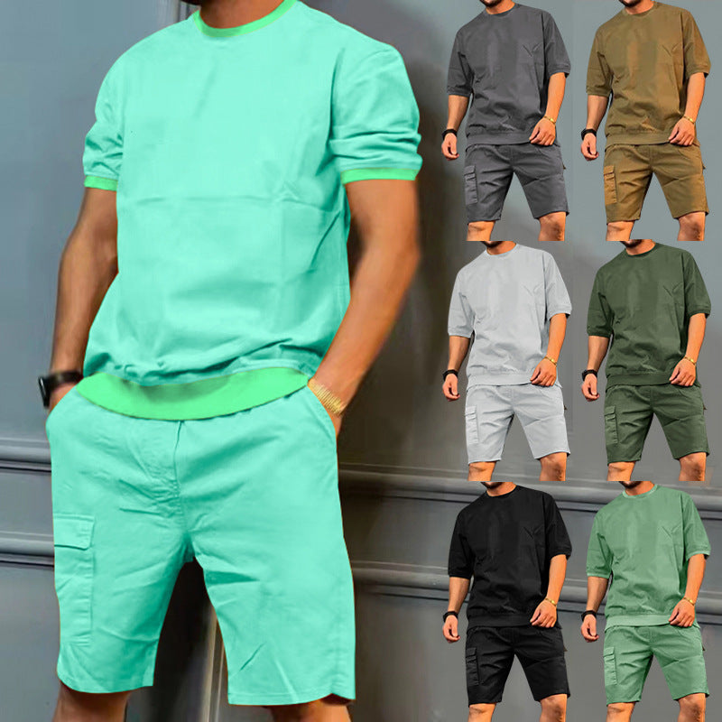 Men's Sports Suits Summer Round Neck Short-sleeved Top And Multi-pocket Shorts Casual Trendy 2pcs Set Clothing by http://Lolyshop.shop
