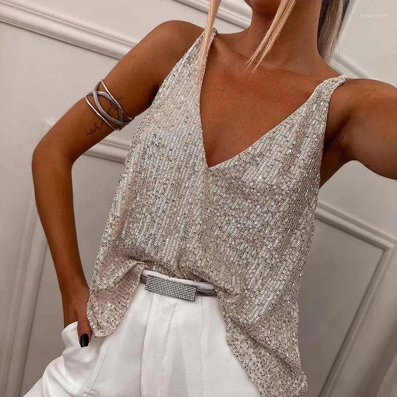 Top con Paillettes e Scollo a V