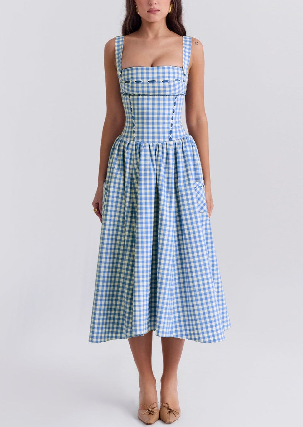 Abito Donna Gingham Scollo Quadrato Dettagli Bottoni Stile Classico-83592-ab2e9f93-3668-4e03-970a-c69268dabf41
