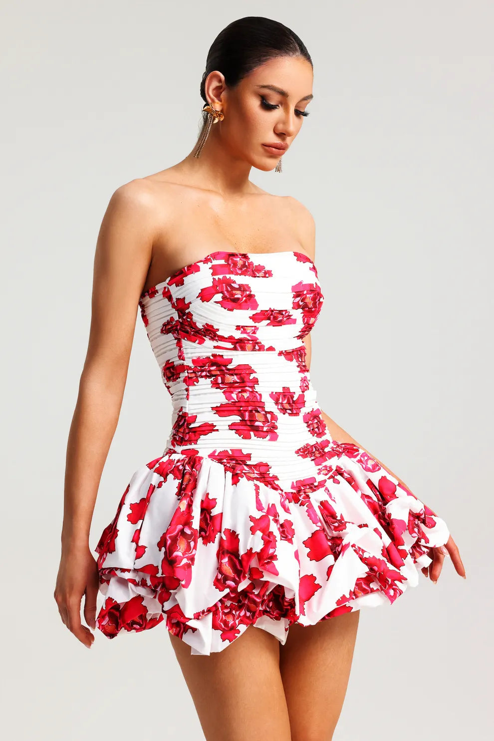 Abito Donna Senza Spalline con Stampa Floreale, Gonna a Balze, Corpetto Strutturato, Dorio Moda-83685-aba7c88a-826a-4f19-8732-2cffe1ba236f