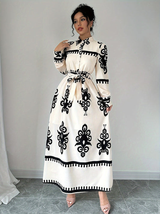 Abito Lungo Donna con Stampa Fantasia, Maniche Lunghe e Cintura a Nodo-83357-ac9716f7-24df-4c39-b68f-12e2241dcb67