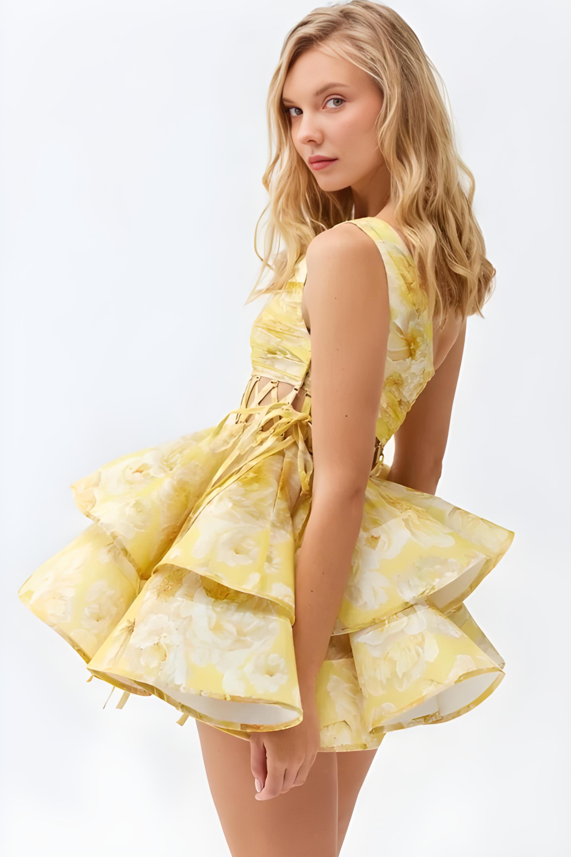 Abito Monospalla Donna – Stampa Floreale, Gonna Asimmetrica a Balze-83680-aea732fb-9641-4c41-9e4d-0e0ffe742795