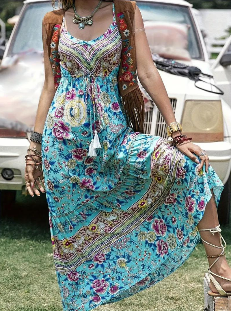 Abito Maxi Stile Bohémien con Stampa Floreale