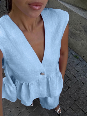 Dorio Moda Completo Due Pezzi Donna Lino – Top Senza Maniche & Pantaloni Palazzo Scollo a V-83272-af16f531-da53-4f1b-bcf9-cb09a6348d43