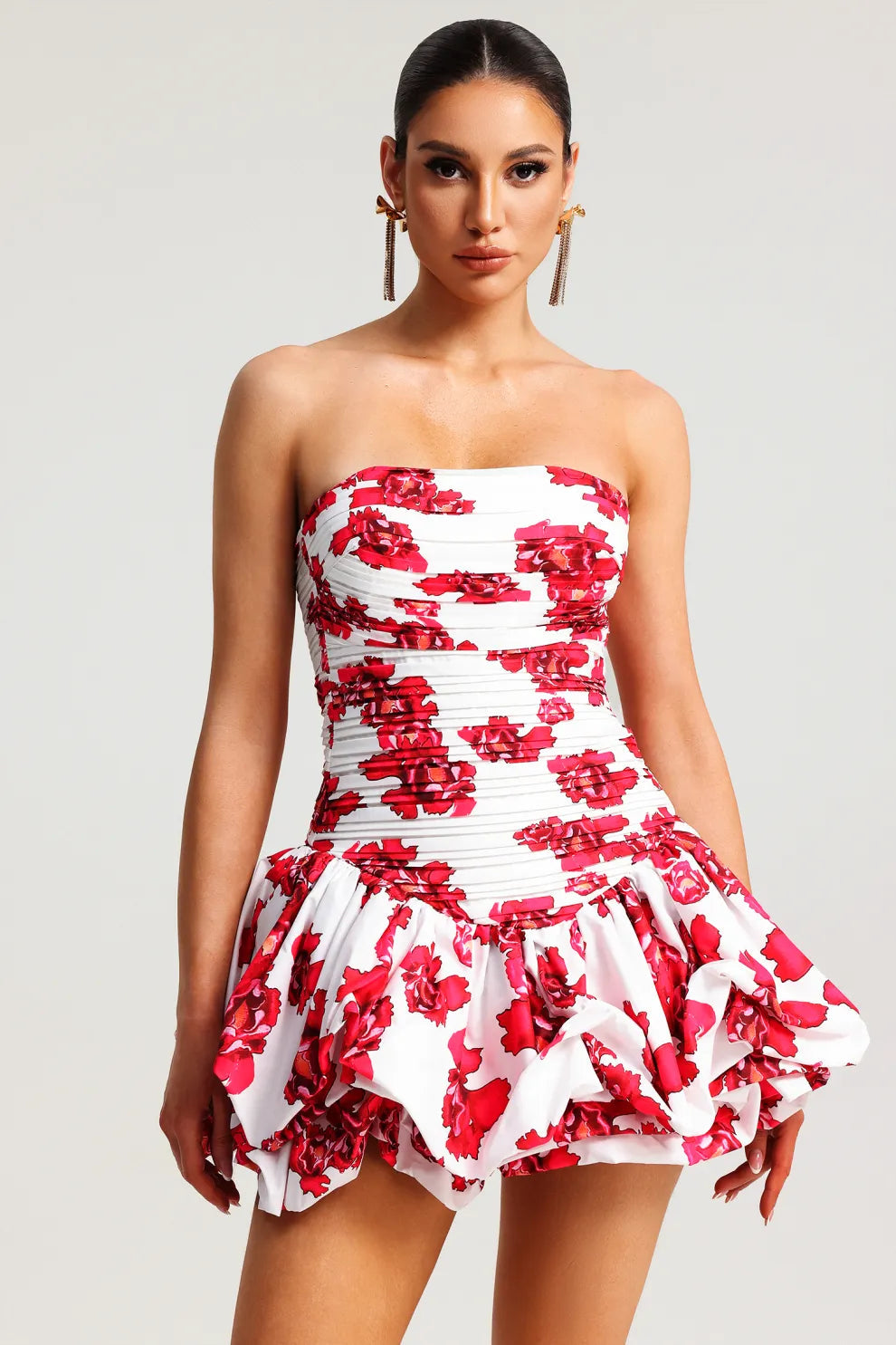 Abito Donna Senza Spalline con Stampa Floreale, Gonna a Balze, Corpetto Strutturato, Dorio Moda-83685-b1aee80b-a632-486d-854e-b78ef0a62cf9