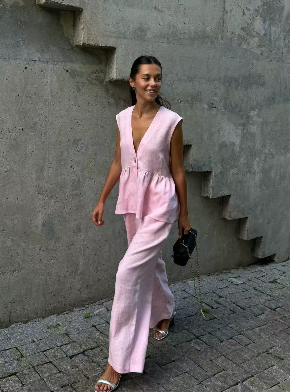 Dorio Moda Completo Due Pezzi Donna Lino – Top Senza Maniche & Pantaloni Palazzo Scollo a V-83272-b1eeada0-3c57-45d9-a700-d5eb9a76aeed