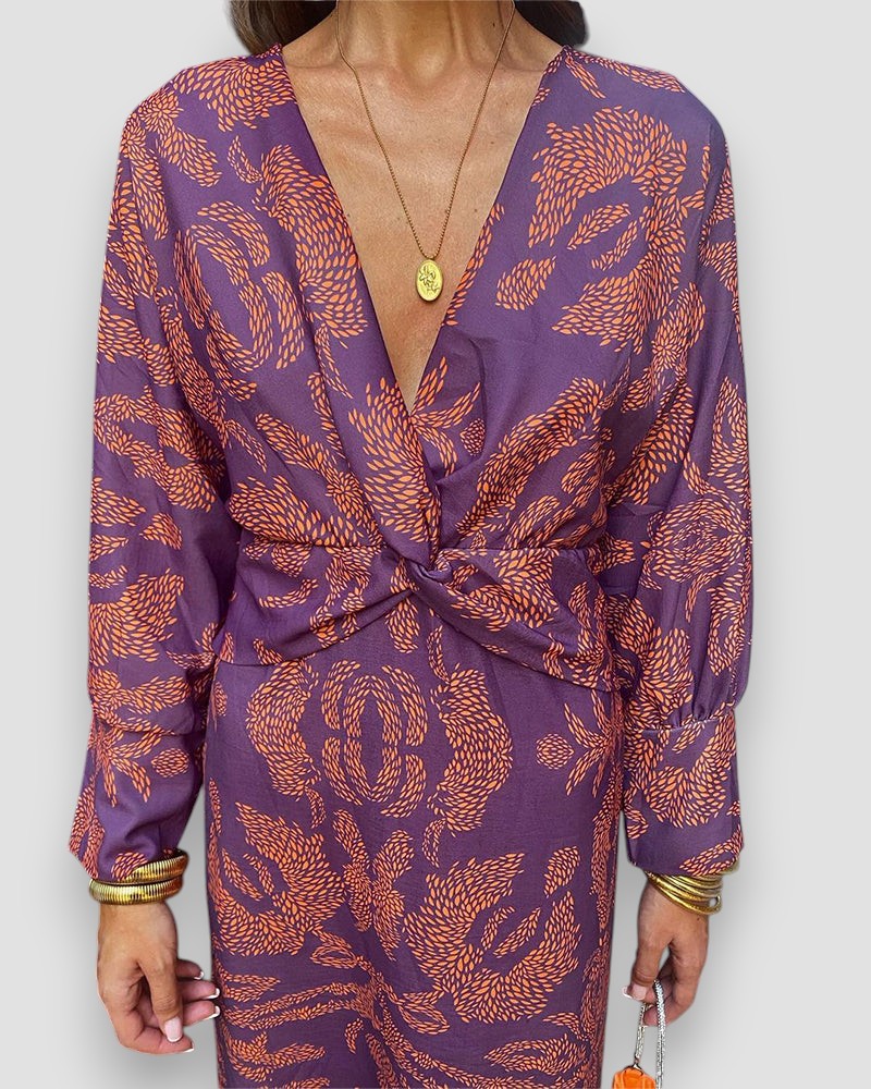 Abito Lungo da Donna Stampato Maniche Lunghe Scollo a V Nodo Vita-83293-b9864ab2-3095-4c32-9fb1-bef3660ebc0d