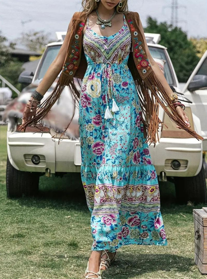 Abito Maxi Stile Bohémien con Stampa Floreale