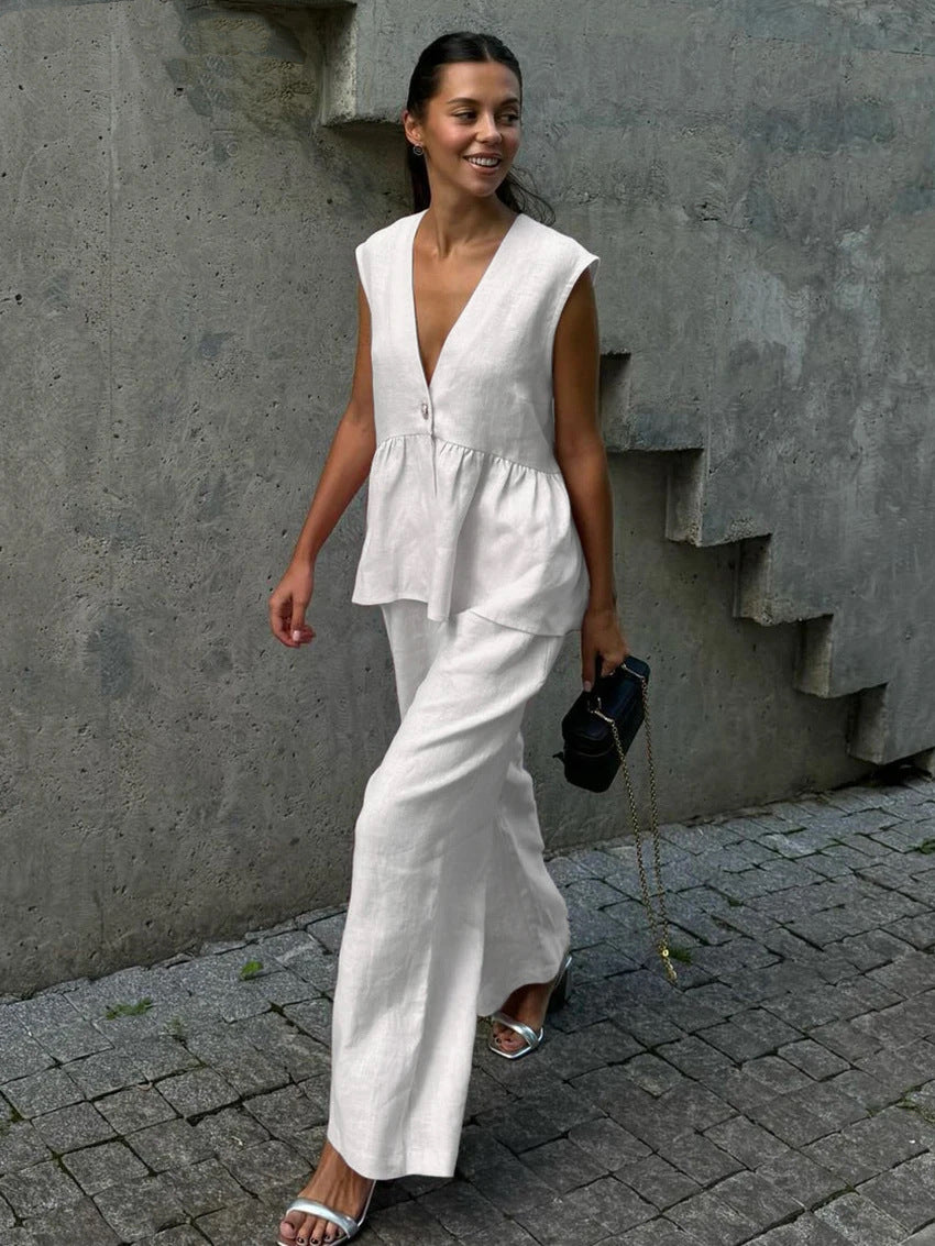 Dorio Moda Completo Due Pezzi Donna Lino – Top Senza Maniche & Pantaloni Palazzo Scollo a V-83272-bb226c62-e64a-410b-b229-9a98c1cb577a