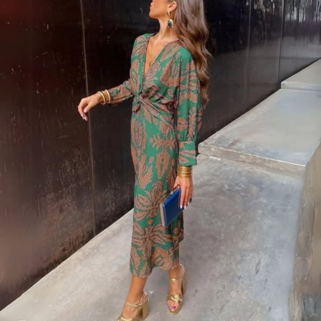 Abito Lungo da Donna Stampato Maniche Lunghe Scollo a V Nodo Vita-83293-c2aa4b38-8cf7-4743-9ead-e7af288d0288