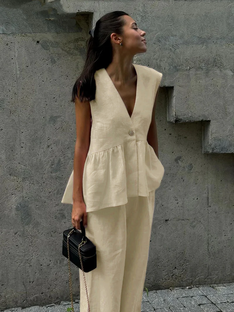 Dorio Moda Completo Due Pezzi Donna Lino – Top Senza Maniche & Pantaloni Palazzo Scollo a V-83272-c7b9376a-e9aa-4294-a754-0fe2a3d92b64