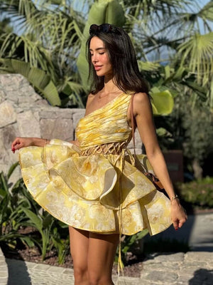 Abito Monospalla Donna – Stampa Floreale, Gonna Asimmetrica a Balze-83680-d42e66dd-3d9f-432e-b817-cb1c253e1d36