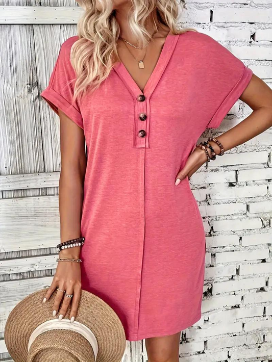 Abito Casual con Scollo a V e Maniche Risvoltabili