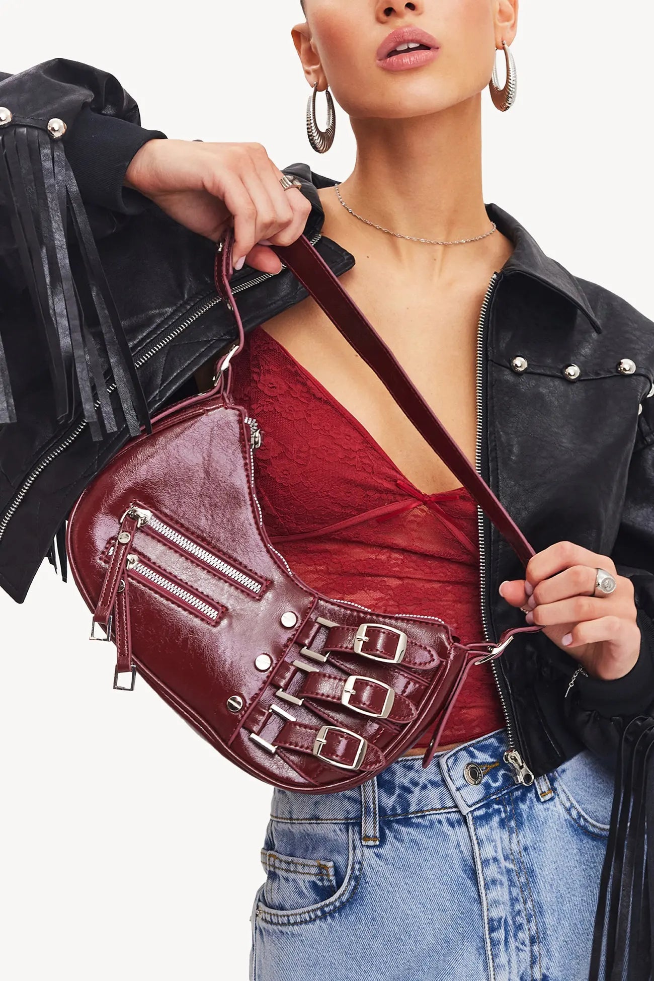 Borsa Baguette con Fibbie e Zip