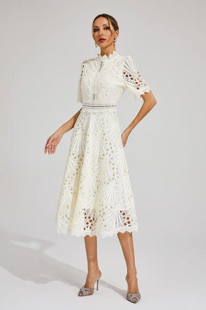 Abito Midi Donna in Pizzo – Scollo Alto, Dettaglio Cut-Out, Maniche Corte-83326-e89ad2c0-e19c-4047-b299-5db089725c14