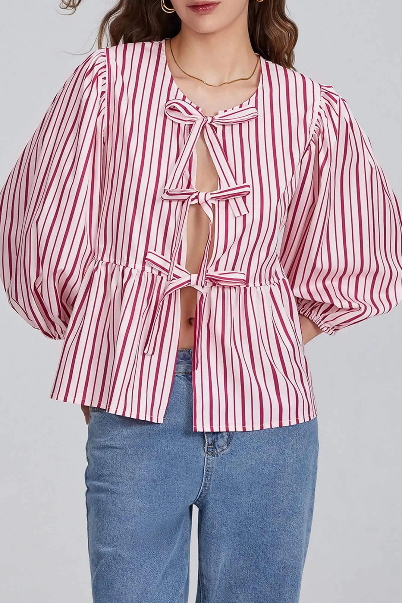 Dorio Moda Blusa Donna con Fiocco, Orlo Peplum e Maniche Tre Quarti-83302-e94139da-b7bb-49bc-ad00-089ee80985c6